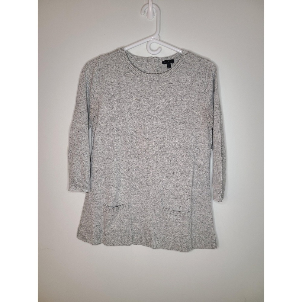 Talbots Sweater Wm Sm Gray Tunic 3/4 Sleeve Knit Pockets Zip Back Top Minimal‎